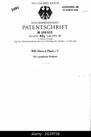Documents, brevet, fascicule de brevet numéro 556503, Bureau des brevets de Reich, à : Willy Glaess, LE DROIT D'AUTEUR DE L'ARTISTE NE DOIT PAS ÊTRE AUTORISÉ Banque D'Images