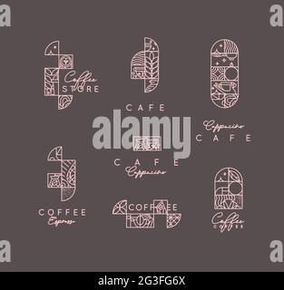 Ensemble d'étiquettes à café art déco modernes et créatives, en ligne plate, sur fond marron. Illustration de Vecteur