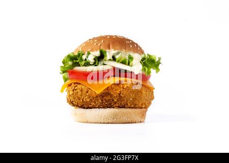 Hamburger de poulet croustillant au fromage sur fond blanc Banque D'Images