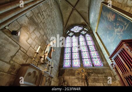 Paris, France - célèbre intérieur de la cathédrale notre Dame, belle vue grand angle. Patrimoine mondial de l'UNESCO. Banque D'Images