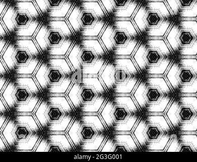 Motif hexagonal sans couture, effet kaléidoscopique abstrait texturé noir et blanc. Ornement géométrique symétrique pour la conception d'arrière-plan, fonds d'écran, affiches, imprimés, couvertures. Illustration vectorielle. Illustration de Vecteur