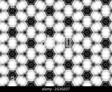 Motif hexagonal sans couture, effet kaléidoscopique abstrait texturé noir et blanc. Illustration vectorielle. Ornement géométrique symétrique pour la conception d'arrière-plan, fonds d'écran, affiches, imprimés, couvertures. Illustration de Vecteur