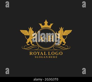 AH lettre Lion Royal Luxury Heraldic, Crest logo template dans l'art vectoriel pour restaurant, Royalty, Boutique, café, Hôtel, Héraldique, bijoux, mode et Illustration de Vecteur