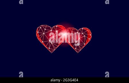 Coeurs rouges en poly 3D bas. Romantique amour date relation couple silhouette concept conception. Soutenir aider don émotions illustration vecteur Illustration de Vecteur