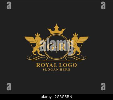 GR Letter Lion Royal Luxury Heraldic, Crest logo template dans l'art vectoriel pour restaurant, Royalty, Boutique, café, Hôtel, Héraldique, bijoux, mode et Illustration de Vecteur