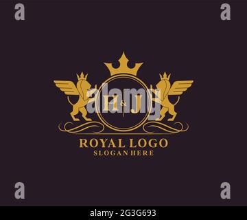 HJ Letter Lion Royal Luxury Heraldic, Crest logo template in vector art for Restaurant, Royalty, Boutique, Cafe, Hôtel, Héraldique, bijoux, mode et Illustration de Vecteur