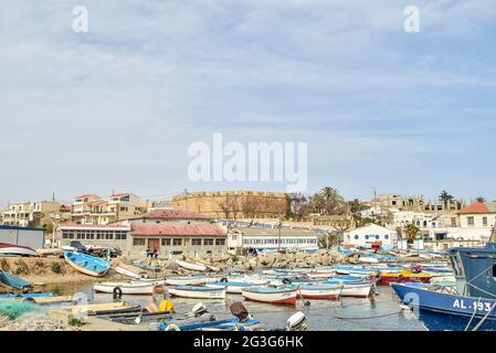 Vue panoramique sur les bateaux de pêche dans un vieux port d'Alger, Algérie. Banque D'Images