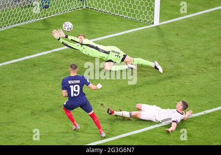 Karim Benzema, FRA 19 pousses but non-latéral, annulé par VAR, Manuel NEUER, DFB 1 gardien de but, Robin Gosens, DFB 20 dans le match du Groupe F FRANCE - ALLEMAGNE 1-0 aux Championnats d'Europe de football UEFA 2020 dans la saison 2020/2021 le 15 juin 2021 à Munich, Allemagne. © Peter Schatz / Alamy Live News Banque D'Images