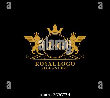 JG Letter Lion Royal Luxury Heraldic, Crest logo template in vector art for Restaurant, Royalty, Boutique, Cafe, Hôtel, Héraldique, bijoux, mode et Illustration de Vecteur