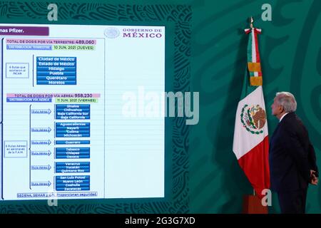 MEXICO, MEXIQUE - 15 JUIN : le président mexicain Andres Manuel Lopez Obrador, prend la parole lors de son briefing quotidien au Palais national le 15 juin 2021 à Mexico, au Mexique. (Photo d'Eyepix/Sipa USA) Banque D'Images