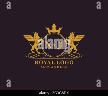 NJ Letter Lion Royal Luxury Heraldic, Crest logo template in vector art for Restaurant, Royalty, Boutique, Cafe, Hotel, Héraldique, bijoux, mode et Illustration de Vecteur