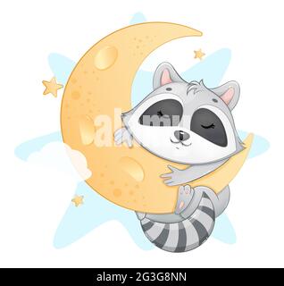 Mignon petit raton laveur dormant sur la lune. Raton laveur drôle de personnage de dessin animé. Illustration du vecteur de stock Illustration de Vecteur