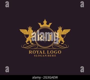 Modèle de logo RJ Letter Lion Royal Luxury Heraldic, Crest dans une illustration vectorielle pour restaurant, Royalty, Boutique, café, Hôtel, Héraldique, bijoux, mode et Illustration de Vecteur