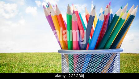 Plusieurs crayons de couleur se tiennent contre le paysage avec de l'herbe verte et du ciel bleu Banque D'Images