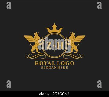 ZH Letter Lion Royal Luxury Heraldic, Crest logo template in vector art for Restaurant, Royalty, Boutique, Cafe, Hôtel, Héraldique, bijoux, mode et Illustration de Vecteur