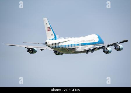 Bruxelles, Belgique. 15 juin 2021. Air Force One (28000) avec le président Joe Biden part de l'aéroport de Bruxelles en Belgique. Banque D'Images