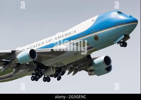 Bruxelles, Belgique. 15 juin 2021. Air Force One (28000) avec le président Joe Biden part de l'aéroport de Bruxelles en Belgique. Banque D'Images