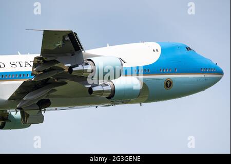 Bruxelles, Belgique. 15 juin 2021. Air Force One (28000) avec le président Joe Biden part de l'aéroport de Bruxelles en Belgique. Banque D'Images