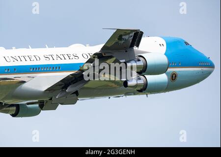 Bruxelles, Belgique. 15 juin 2021. Air Force One (28000) avec le président Joe Biden part de l'aéroport de Bruxelles en Belgique. Banque D'Images