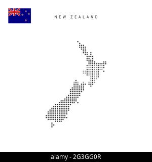 Carte à motif points carrés de la Nouvelle-Zélande. Carte de pixels en pointillés kiwi avec drapeau national isolé sur fond blanc. Illustration vectorielle. Illustration de Vecteur