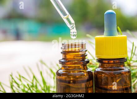 L'huile essentielle de cèdre et l'épinette dans de petites bouteilles en verre sur fond de bois. Selective focus Banque D'Images
