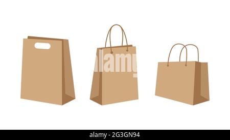 Ensemble de sacs à provisions en papier. Sacs biodégradables écologiques. Emballage en papier marron sur fond blanc. Acheter des produits d'épicerie et d'autres produits. Illustration de Vecteur