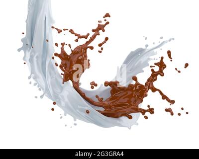 illustration 3d de la projection de chocolat et de lait sur fond blanc avec un chemin d'écrêtage Banque D'Images