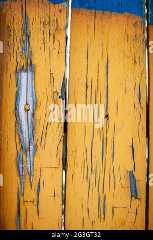 Texture du bois avec peinture écaillée jaune. Peinture écaillée sur bois abîmé. Vieux motif de peinture fissuré sur fond rouillé. Peinture écaillée sur un vieux bois Banque D'Images