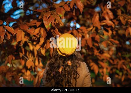 Bonjour automne. Vue de derrière la femme en manteau brun et chapeau jaune parmi le feuillage automnal en plein air dans le parc de la ville en automne. Banque D'Images