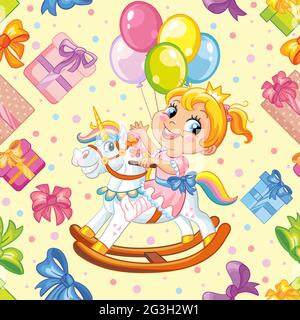 Caricature petite fille à cheval et boîte cadeau de fête mignonne. Motif vectoriel sans couture sur fond jaune. Illustration pour fête, impression, Illustration de Vecteur