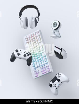 Des accessoires de gamer volant comme la souris, le clavier, le joystick, le casque, la reconnaissance vocale, webcam Banque D'Images