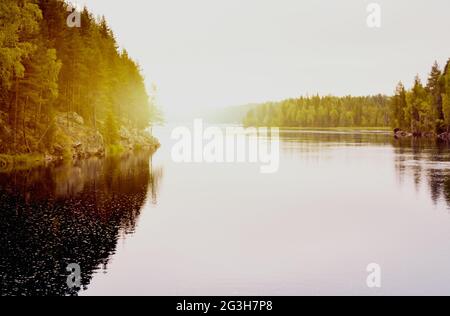 paysage scandinave - courant constant de rivière avec rives rocheuses, faible effet de saturation Banque D'Images