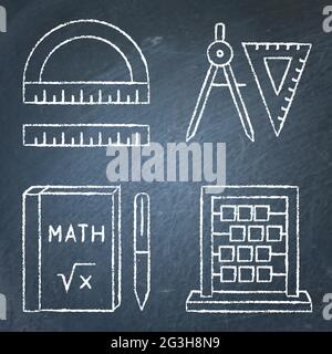 Les icônes des instruments mathématiques sont définies en style ligne sur le tableau de surveillance. Rapporteur et règle, boussoles et carré, livre de théorie et abacus. Illustration vectorielle. Illustration de Vecteur