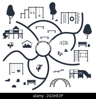 Aire de jeux pour enfants. Ensemble d'icônes noires des éléments d'équipement de jeu. Concept de parc de la ville. Illustration vectorielle Illustration de Vecteur