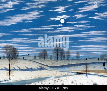 Scène d'hiver au clair de lune par Henry Farrer (1844-1903), aquarelle et gouache sur papier vélin blanc, 1869 Banque D'Images