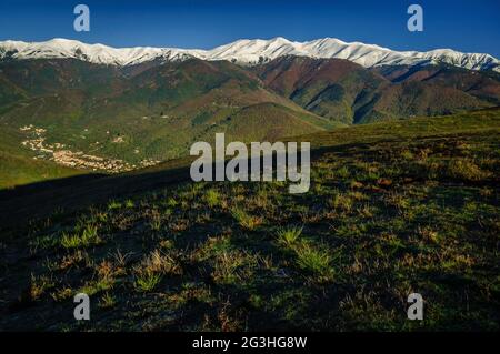 Massif neigó et région de Vallespir en automne (Pyrénées-Orientales, France) ESP: Macizo del Canigó nevado y región del Vallespir en otoño Banque D'Images