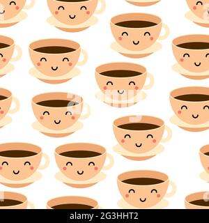 Café kawaii ou tasse à thé sans coutures. Tasse avec une boisson chaude isolée sur fond blanc. Personnage drôle avec les yeux et les joues. Sourire amical m Illustration de Vecteur