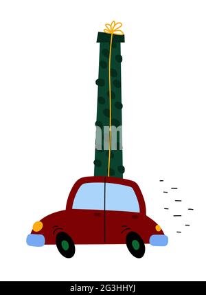 Carte de Noël festive. Voiture rouge avec cadeau isolé sur fond blanc. Bannière des fêtes du nouvel an. Boîtier incliné sur le toit du concept de voiture. Livraison rapide Illustration de Vecteur