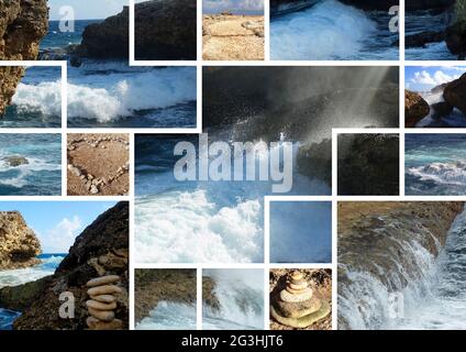 Douze photos prises au parc national de Shete Boka dans un collage. Il se trouve sur la côte nord sauvage de Curaçao.le nom de Shete Boka signifie sept petites baies Banque D'Images