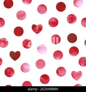 Motif vectoriel sans coutures pour la Saint-Valentin, 8 mars, mariages. Points d'aquarelle rouges, coeurs sur fond blanc. Aquarelle éclabousse sur blanc Illustration de Vecteur
