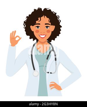 Une femme médecin montre un signe ok. Professionnel médical ou thérapeute. Illustration de style dessin animé. Illustration de Vecteur