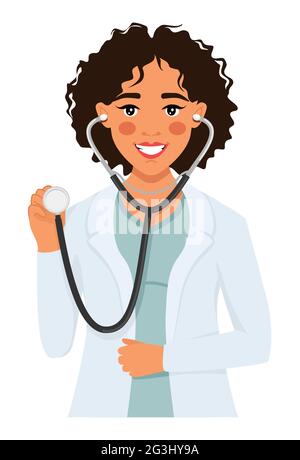 Femme médecin avec un stéthoscope. Professionnel médical ou thérapeute. Illustration de style dessin animé. Illustration de Vecteur