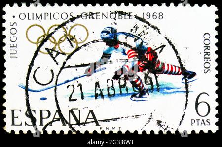 MOSCOU, RUSSIE - 17 AVRIL 2021 : timbre-poste imprimé en Espagne montre les Jeux Olympiques d'hiver, Grenoble, série des Jeux Olympiques, vers 1968 Banque D'Images