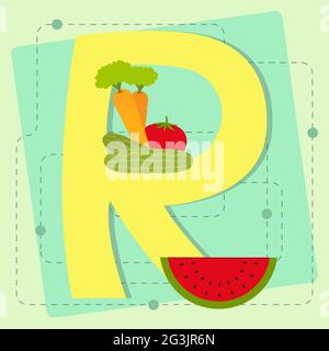 Lettre « r » de l'alphabet stylisé avec fruits et légumes : tomate, concombre, carotte, pastèque Illustration de Vecteur