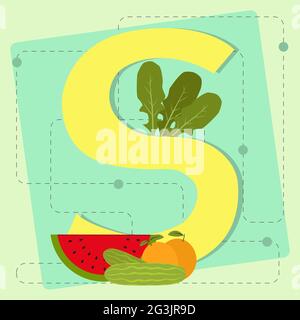 Lettre 's' de l'alphabet stylisé avec fruits et légumes : pastèque, concombre, orange, arugula Illustration de Vecteur