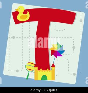 Lettre 't' de l'alphabet stylisé avec enfants : hochet, château jouet, caoutchouc ducky, roue dentée Illustration de Vecteur