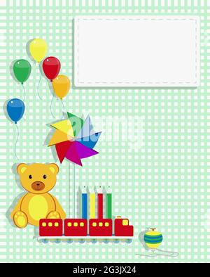 Carte d'invitation pour les enfants avec ours en peluche, train de jouets, roue dentée, crayons et haut rotatif. Copier l'espace. Illustration de Vecteur