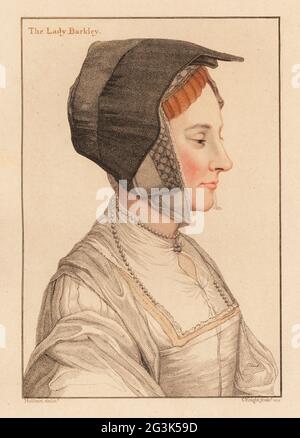 Anne Savage, (c. 1496 – 1564), deuxième femme de Thomas Lord Berkeley. Dame en attente de la reine Anne Boleyn. La Lady Barkley. Gravure à la main en paper-plaque de Charles Knight après un portrait de Hans Holbein le plus jeune à partir d'imitations de dessins originaux de Hans Holbein, John Chamberlaine, Londres, 1812. Banque D'Images