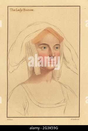Alice London, deuxième épouse de Lord Thomas Burgh, courtier du Prince Edward. Ou Catherine Clifton, plus tard Lady Borough (Lady Borow), épouse de William Lord Borough, deuxième fille d'Edward Clifton, comte de Lincoln. Ou Catherine Parr, 1512-1548, reine d'Angleterre comme dernière femme du roi Henri VIII Gravure à l'effigie d'Anthony Cardon sur une plaque de coperplate de couleur main après un portrait de Hans Holbein le plus jeune à partir d'imitations de dessins originaux de Hans Holbein, John Chamberlaine, Londres, 1812. Banque D'Images