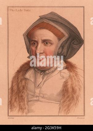 Margaret Bacon, Lady Butts, dame en attente de la princesse Mary, fille et héritière de John Bacon, épouse de William Butts, médecin du roi Henri VIII. La Dame buts. Gravure à la main en copperplate réalisée par Freeman après un portrait de Hans Holbein the cadet imprimé sur papier rose à partir d'imitations de dessins originaux de Hans Holbein, John Chamberlaine, Londres, 1812. Banque D'Images